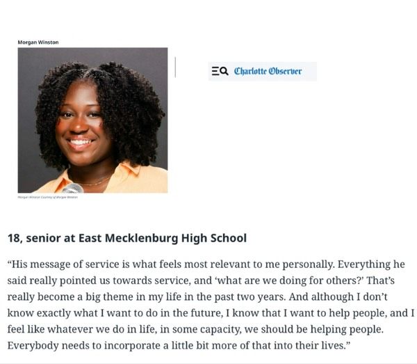 Honoring Dr. King by living his legacy. 🖤

Morgan reminds us that MLK’s call to service still guides us — asking, “What are we doing for others?” and choosing lives rooted in helping people.
Bee reflects on this day as more than time off — a moment to honor how far we’ve come and the courage it took to push for real change in the Black community. Quinten calls on us, especially young people, to raise our voices now — for our communities, our futures, and justice.

✅ Thank you to our students for inspiring us today (and every day)! Thank you to The Charlotte Observer and Theoden Janes for spotlighting young leaders and their voices.

Service. Youth voice. Positive change. This is how the dream lives on. ✨✊🏽