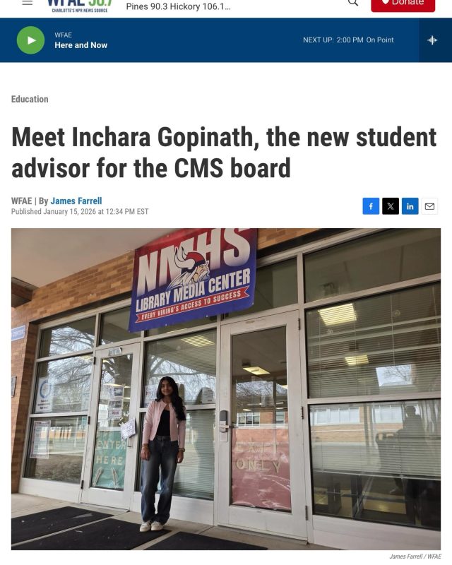 👋🏼Meet Inchara, 2026 @cmsstudentadvisor! She advises @cmsboard at their meetings this year. While NC law precludes the Student Advisor from officially voting on district policy and decisions, Inchara will engage in all board meeting discussions to represent CMS students in district governance. That’s powerful! 💪🏼

GenerationNation is proud to partner with the school board and CMS to elevate student leadership and voice through this position and other programs. ✅

HS students are invited to work with Inchara through Charlotte-Mecklenburg Youth Council, or CMYC (sign up in our pinned post or link in our bio). 

Many thanks to James Farrell at @wfae for helping to introduce Inchara to the community!