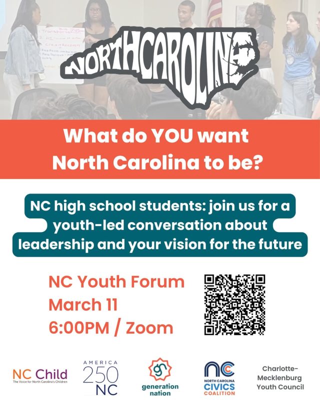 🌟 Calling youth in North Carolina! 🌟

What’s YOUR wish for the future of the Tar Heel State? What changes do you want to see? What kind of leadership inspires you? What legacy do you want to help build?

Join us for a youth-led conversation about leadership and your vision for the future. This is your space to speak up, share ideas, and connect with other young leaders who care about making a difference!

🗓 March 11
⏰ 6–7 PM
💻 Zoom
👉🏼 Sign up using QR code or link in bio

Your voice matters. Your ideas matter. The future starts with YOU.