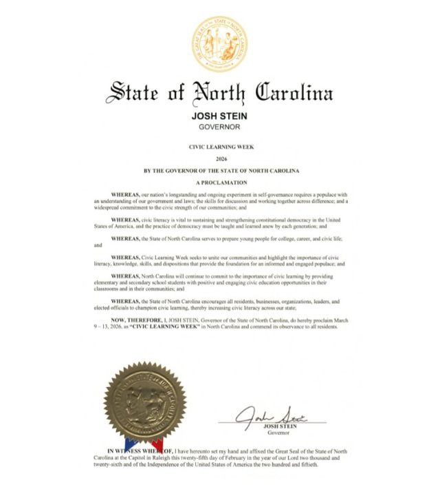 📣 It’s National Civic Learning Week!

Here in North Carolina, we’re proud to share a proclamation from Governor Stein officially recognizing the importance of civic literacy and encouraging residents, businesses, schools, organizations, leaders, and officials across our state to engage young people in civic learning and leadership.

Civic learning impacts everyone, everywhere. The skills, knowledge, and experiences gained through civic education empower a new generation of leaders, learners, changemakers, educators, business professionals, problem-solvers, and more.

This week—and all year long—join the 21 NC Civics Coalition members, including government agencies, K–12 and higher education institutions, and nonprofits, as we support and expand meaningful civic learning opportunities for students and communities across North Carolina.