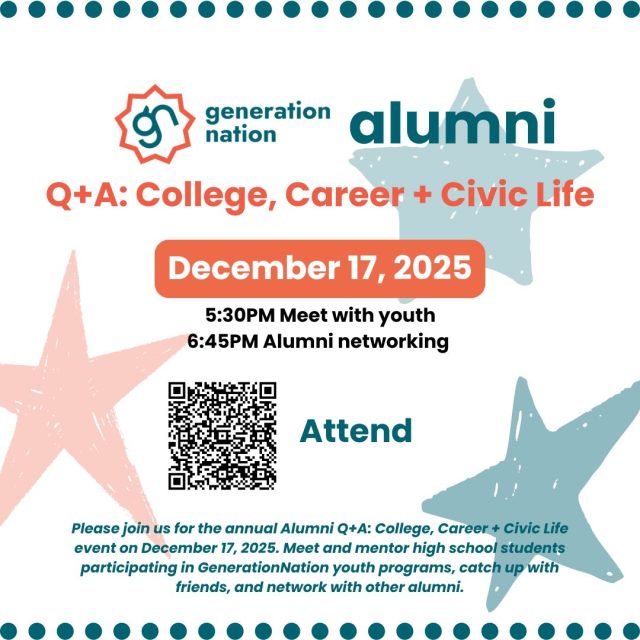 👋🏼 GenNation Alumni! We hope you can join us on December 17 for the annual alumni event with GenerationNation youth. It is a great time to mentor high school students, catch up with friends, and network with other alumni! 📆 Sign up now and mark your calendars. Hope to see you soon! (Also check your email about this - it might be in junk:-)