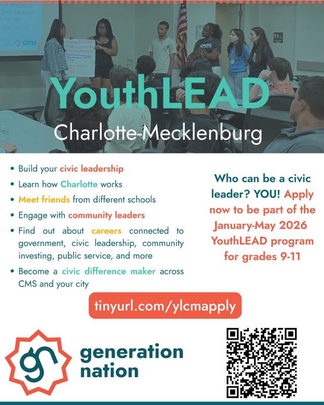 Youth Lead applications are due December 31 ‼️ Who can be a civic leader? YOU! 

Apply to be part of the January-May 2026 Youth Lead program for grades 9-11.

💪🏽 Build your civic leadership

📚Explore and learn how Charlotte works

😎 Meet friends from different schools

🏛️ Engage with community leaders

✅ Find out about careers connected to
government, civic leadership, community investing, public service, and more

🙌🏽 Become a civic difference maker across CMS and your city

🚨Applications are due December 31. Apply at tinyurl.com/ylcmapply